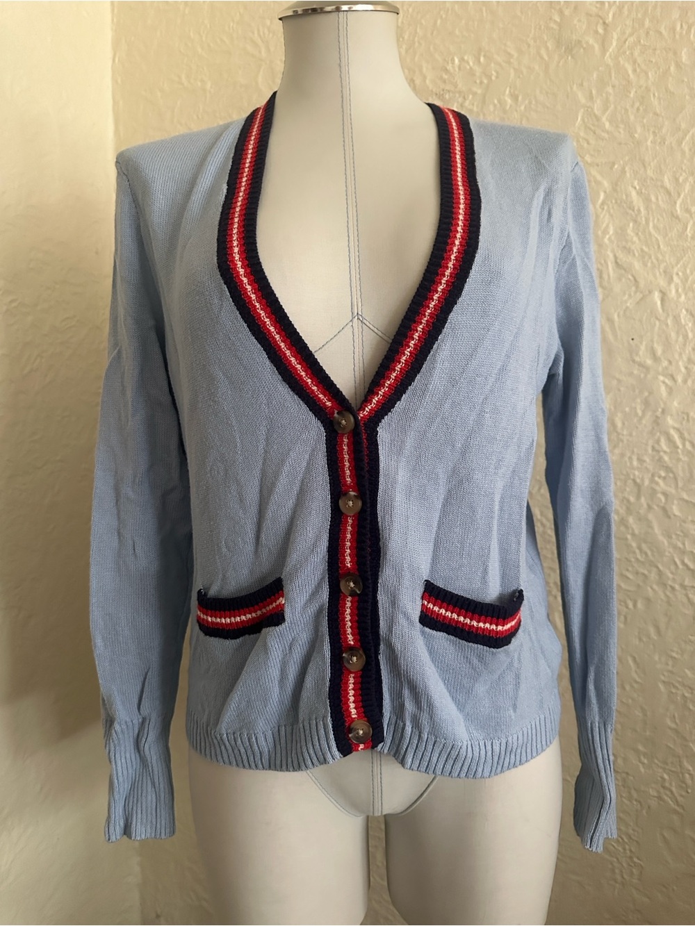 Urban Outfitters Light Blue Red Navy Trim Cardigan Sweater XS